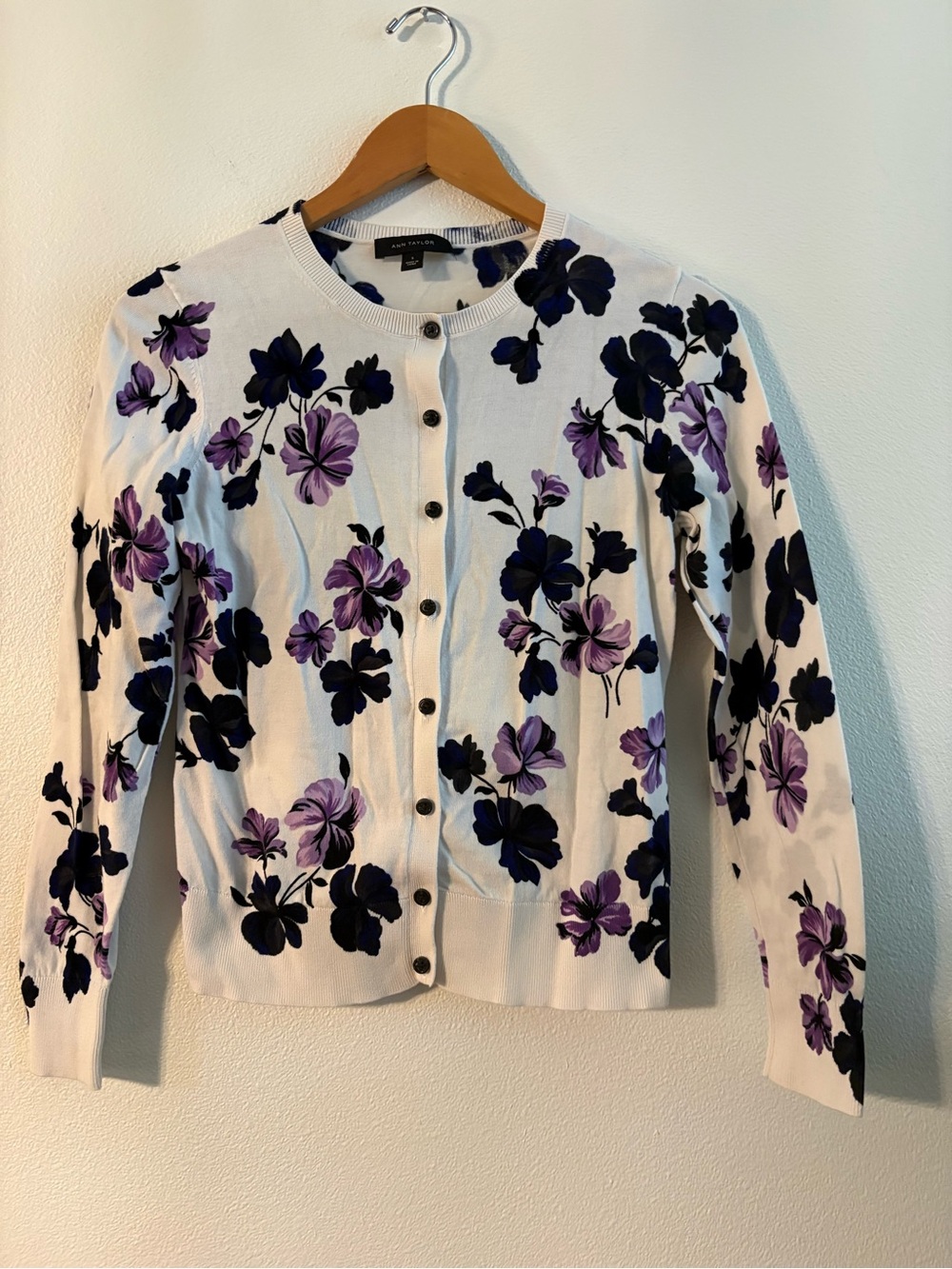 Ann Taylor White Cardigan with Blue and Purple Floral Accents